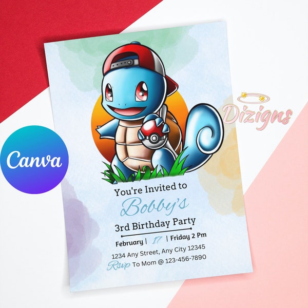 Squirtle Pokemon Birthday Invitation | Pokemon Invite | Canva Printable Evite | Squirtle Pokemon Party, Instant Digital Bday Card Template