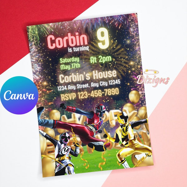 Power Rangers Birthday Invitation | Power Rangers Invite | Printable Power Rangers Invite, Evite, Editable Canva Template | Bday Card