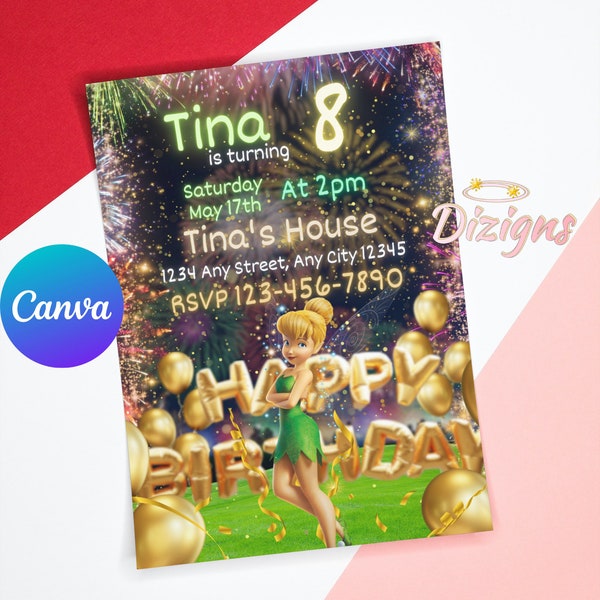 Fairy Tinkerbell Birthday Invitation | Princess Party | Princess Tinker Bell Invite, Editable Instant Digital Invite, Tinkerbell Bday Card