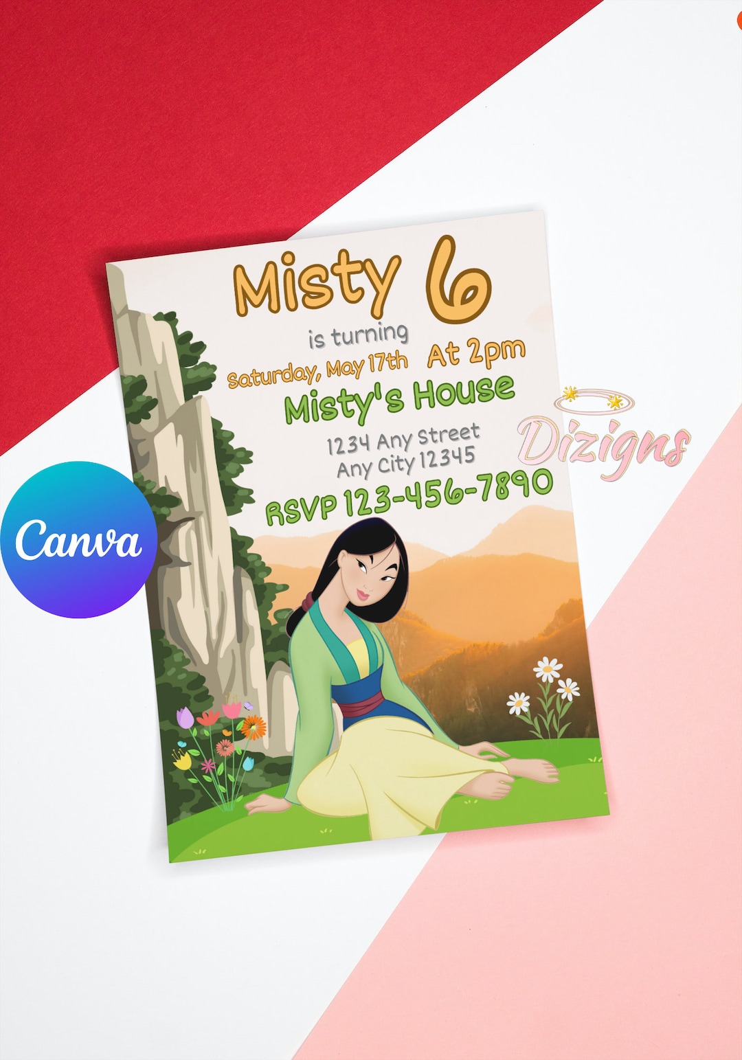 Invitación de cumpleaños de Mulan / Fiesta de la princesa Mulan