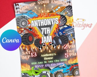 Monster Truck Birthday Invitation | Truck Invite | Printable Trucks Invite, Monster Truck Evite, Editable Canva Template | Truck Bday Card