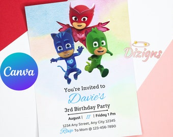 PJ Mask Birthday Invitation | PJ Mask Invite | Printable PJ Masks Invite, Mask Evite, Editable Canva Template, Pj Masks Bday Card