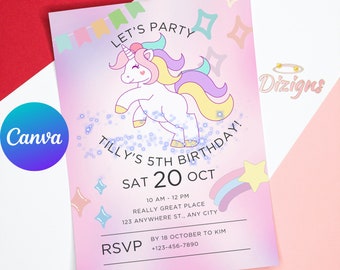 Customizable Unicorn Birthday Invitation for girls Editable Canva Party Celebration Instant Digital Invite Modern Template PDF