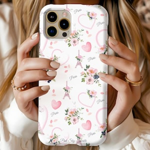 Pretty Paris Magnetic iPhone Case, Elegant pattern of Eiffel Tower, blooming flowers, hearts, Compatible with iPhone models 13, 14, 15, 16