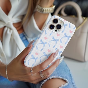 Blue Coquette Phone Case – Gingham Print with Bows and Hearts | Stylish & Protective Case for iPhone