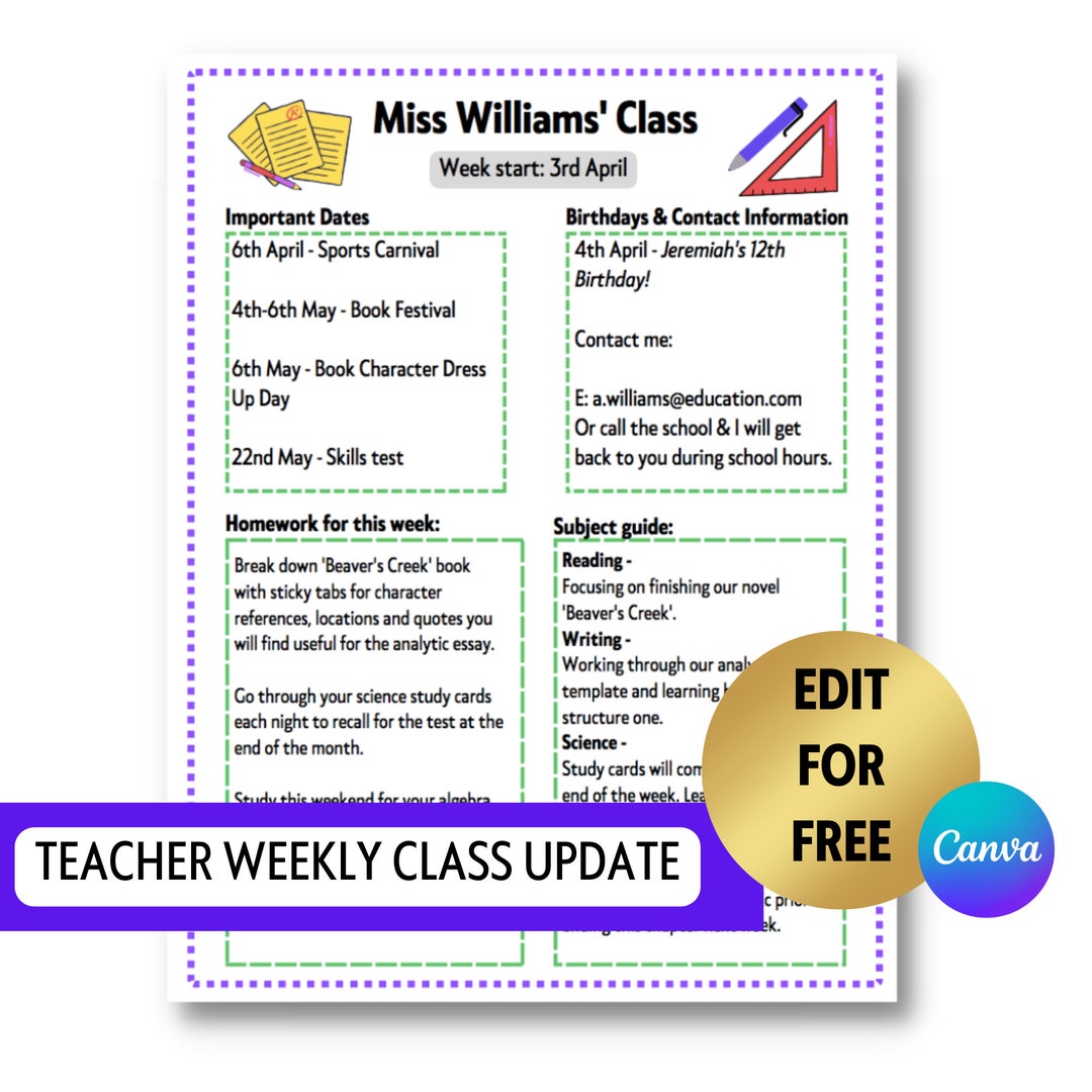 Weekly Class Update US Letter Free to Edit on Canva Teacher Education ...