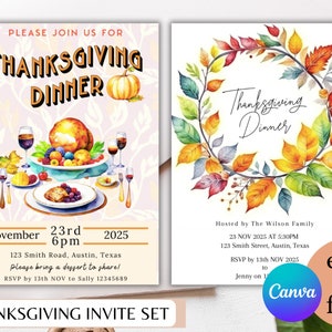 Editable Thanksgiving Invitation Set 5x7 Printable 2 Styles, Edit on Canva For Free, Fall, Pumpkin Thanksgiving Dinner, Thanksgiving Invite