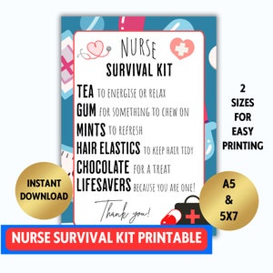 Nurse Survival Kit Printable Card | Nursing Home | Nurse Appreciation | Instant digital download 5x7 inches and A5 format