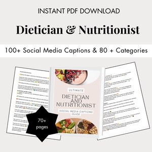 Può includere: Una guida di download digitale per dietologi e nutrizionisti con oltre 100 didascalie per i social media e 80 categorie. La copertina della guida presenta una ciotola di smoothie rosa con bacche e una varietà di frutta e verdura colorate. La guida è lunga oltre 70 pagine.