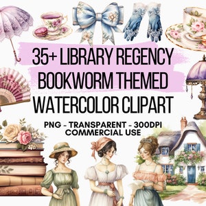 35+ Library Regency Bookworm Themed Watercolor Clipart PNG transparent background Cottagecore Jane Austen Bridgerton Themed Clipart 300DPI