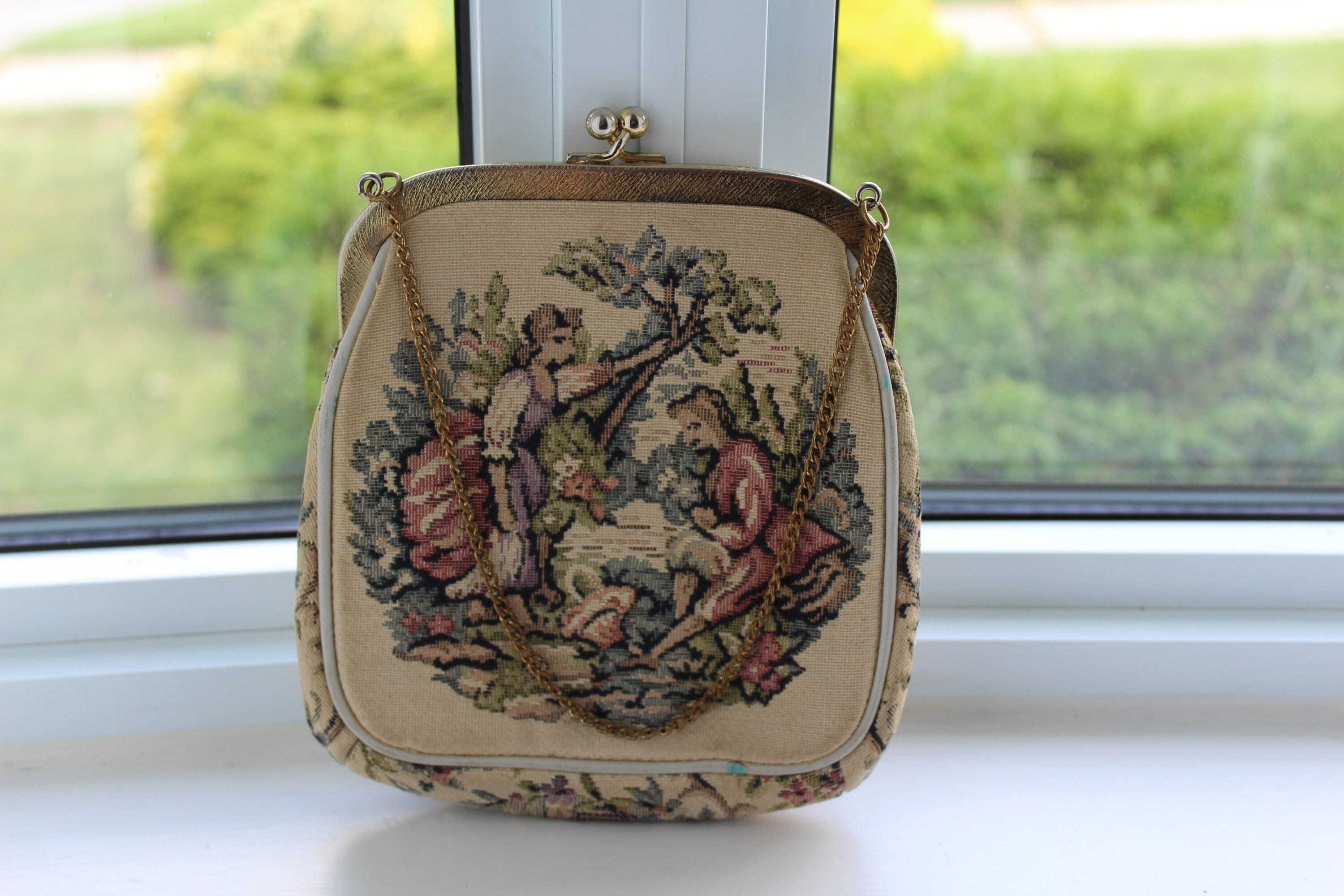 Vintage JR Julius Resnick French Tapestry Handbag Floral Purse Victorian  Couple