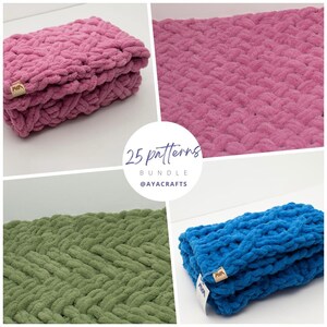 May include: A collage of four chunky knit blankets in shades of pink, green, and blue. The blankets are folded, showcasing their thick, textured weave. The image includes a circular graphic with the text "25 patterns BUNDLE @AYACRAFTS".