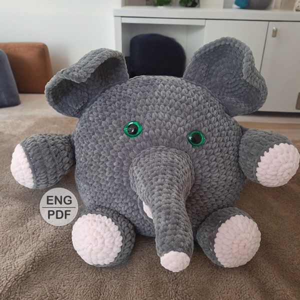 Amigurumi Elephant No Sew Crochet Pattern PDF, Pachyderm Plush Toy Pillow DIY - Baby Play Buddy & Easy Craft Project Gift for Crocheters