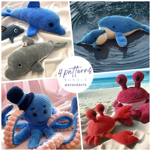 Amigurumi Ocean Animals Crochet Pattern Bundle - No Sew Plush & Cotton Whale, Low sew Giant Octopus, Dolphin DIY Project, 2 size No Sew Crab