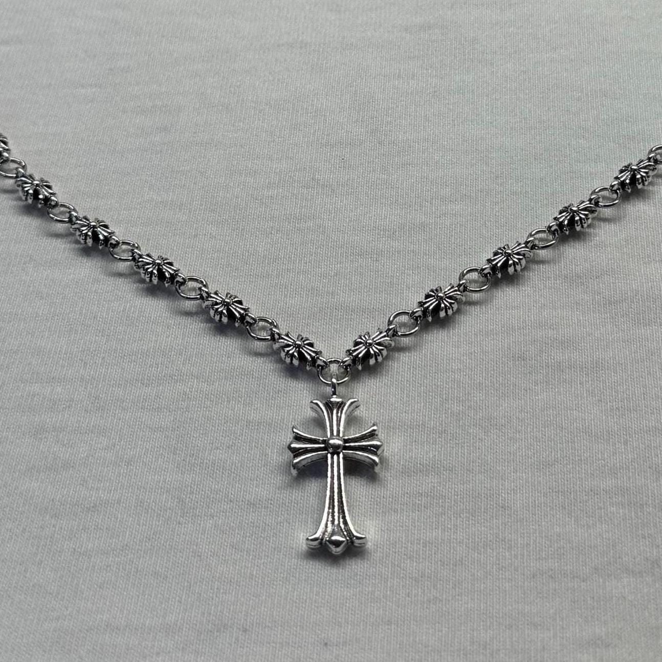 CH Gothic Style Y2K Punk Cross Necklace Chrome Silver Choke