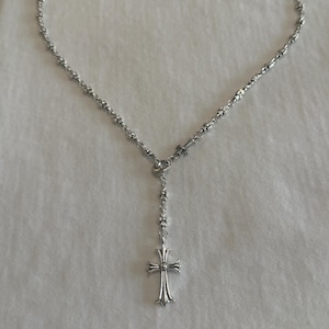 CH rosary gothic style Y2K punk cross necklace chrome silver choke chain pendant 27in a1