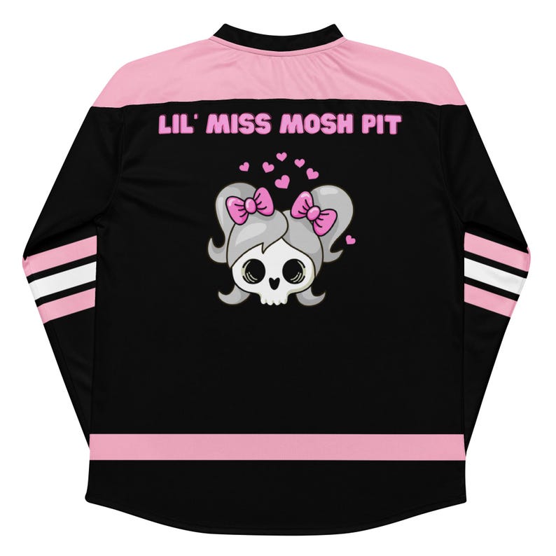 Back view of Lil Miss Mosh Pit cute pink and black jersey with skull and pink bow ties. Hockey long sleeve rave jersey for girls and edm lovers. Made of Recycled materials and made to order for sustainability!