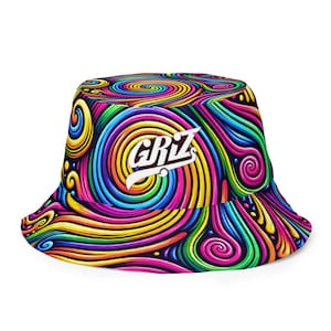 May include: A colourful bucket hat with a swirling rainbow pattern and the word "GRIZ" in white lettering.