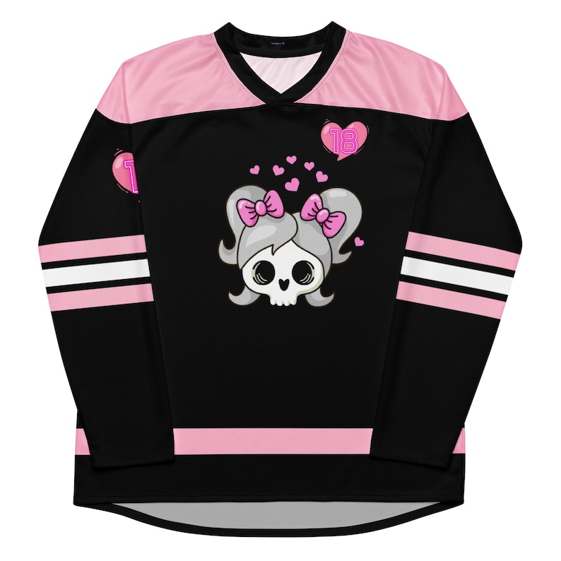 Front folded view of Lil Miss Mosh Pit cute pink and black jersey with skull and pink bow ties. Hockey long sleeve rave jersey for girls and edm lovers. Made of Recycled materials and made to order for sustainability!