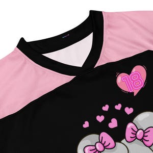 detailed collar view of Lil Miss Mosh Pit cute pink and black jersey with skull and pink bow ties. Hockey long sleeve rave jersey for girls and edm lovers. Made of Recycled materials and made to order for sustainability!
