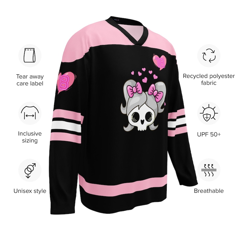 specs of Lil Miss Mosh Pit cute pink and black jersey with skull and pink bow ties. Hockey long sleeve rave jersey for girls and edm lovers. Made of Recycled materials and made to order for sustainability!
