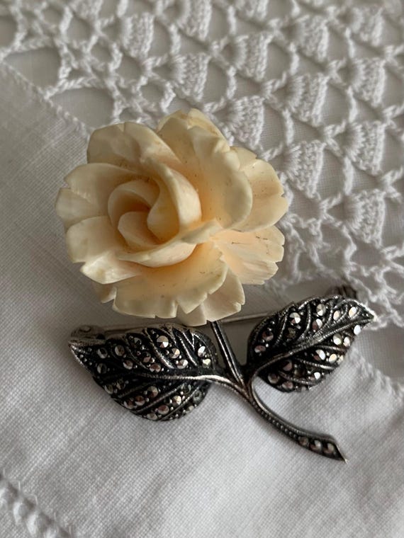 Vintage Celluloid Rose and Sterling Silver Brooch