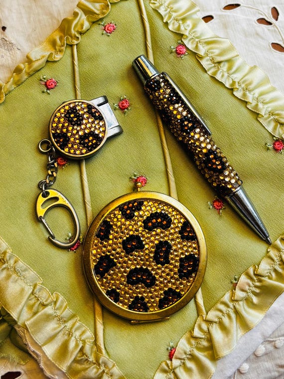 Leopard Print Rhinestone Compact Trio
