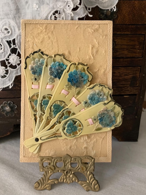 Antique Miniature Celluloid Fan Postcard