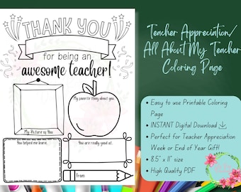 Teacher Appreciation Week Printable, Teacher Survey, Teacher End of Year Gift, Thank You, Teacher Coloring Page, All About My Teacher