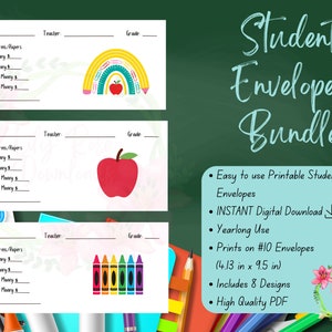 May include: Printable student envelope bundle with 8 designs. The designs include a rainbow, an apple, and crayons. The envelopes are 4.13 inches by 9.5 inches and print on #10 envelopes.  The text on the image reads "Student Envelope Bundle".