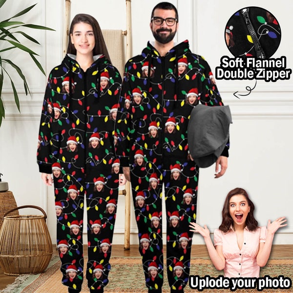 Custom Face Adult Jumpsuits, Photo Flannel Fleece Unisex Onesies, Customized Christmas Gifts, Personalized Gifts, Custom Couple Jumpsuits