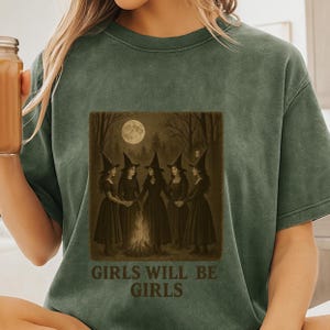 Vintage Girls Will Be Girls Witch Shirt, Feminist Halloween Shirt for Women, Funny Witchy Vibes Tee, Retro Vintage Witches Top