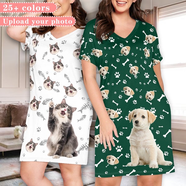 Personalized Dog Face Plus Size Nightgown,Funny Cat Face PJ Dress,Customized Face V-Neck Nightdress,Photo PJ Dress,Personalized Gift For Mom