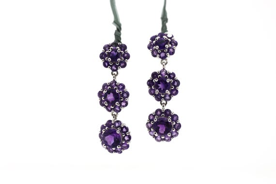 Amethyst Halo Long Dangle Sterling Silver 925 Purple Stone Earrings - A114