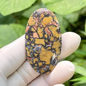 May include: An oval-shaped gemstone with a mosaic pattern. The stone features a mix of colors, including mustard yellow, black, copper, and gray. The stone is held by a gloved hand, with a blurred green background.