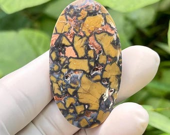 May include: An oval-shaped gemstone with a mosaic pattern. The stone features a mix of colors, including mustard yellow, black, copper, and gray. The stone is held by a gloved hand, with a blurred green background.