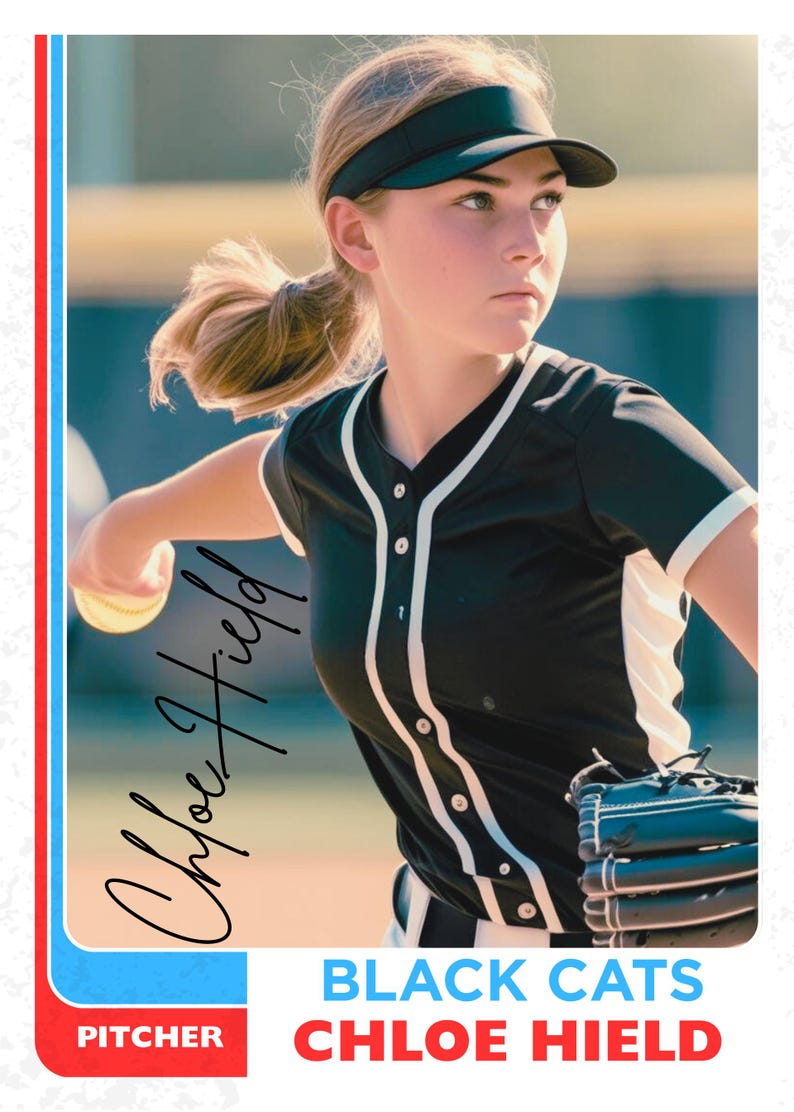 Puede incluir: Una tarjeta de b&eacute;isbol con una joven en uniforme de softbol en blanco y negro, visera y guante. La tarjeta dice "Chloe Hield" y "Black Cats" con la palabra "Pitcher" en la parte inferior.