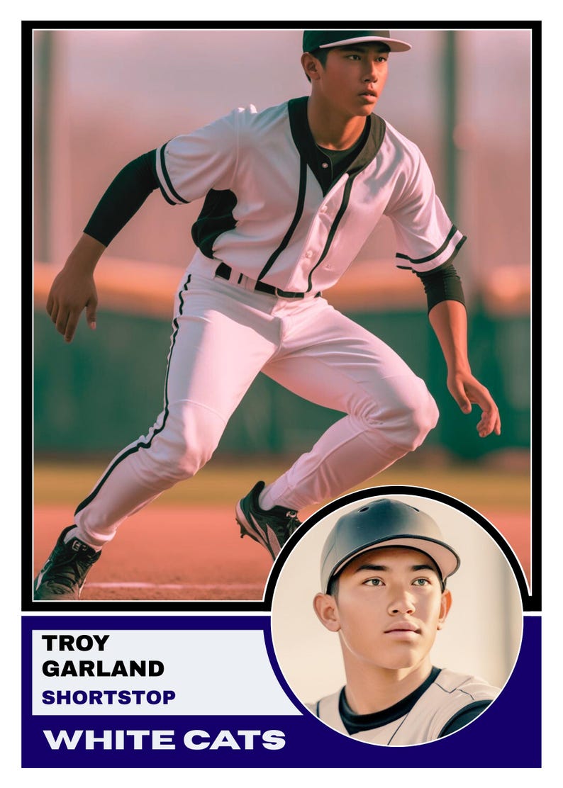 Puede incluir: Tarjeta de b&eacute;isbol con Troy Garland, campocorto de los White Cats. La tarjeta muestra a Garland con un uniforme de b&eacute;isbol blanco con detalles negros, una gorra negra y zapatos negros. Un retrato de Garland con gorra de b&eacute;isbol est&aacute; en la esquina inferior derecha.