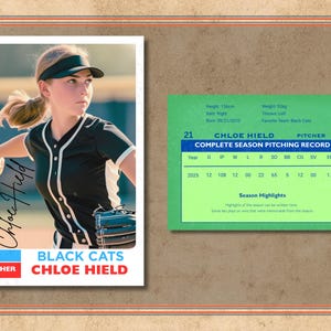Puede incluir: Una tarjeta de b&eacute;isbol con Chloe Hield, lanzadora de los Black Cats. La tarjeta muestra a Hield con un uniforme en blanco y negro lanzando una pelota de b&eacute;isbol. La tarjeta tambi&eacute;n incluye su nombre, equipo y r&eacute;cord de lanzamientos.