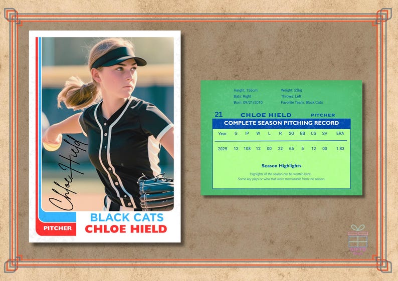 Puede incluir: Una tarjeta de b&eacute;isbol con Chloe Hield, lanzadora de los Black Cats. La tarjeta muestra a Hield con un uniforme en blanco y negro lanzando una pelota de b&eacute;isbol. La tarjeta tambi&eacute;n incluye su nombre, equipo y r&eacute;cord de lanzamientos.