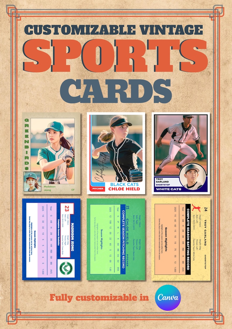 Puede incluir: Tarjetas deportivas vintage personalizables con jugadores de b&eacute;isbol. Las tarjetas tienen un dise&ntilde;o retro con fotos de jugadores, nombres de equipos y estad&iacute;sticas. El texto "SPORTS CARDS" est&aacute; en letras grandes de color naranja. Las tarjetas son totalmente personalizables.