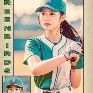 Puede incluir: Una jugadora de b&eacute;isbol con gorra y camiseta verde azulado, sosteniendo un bate. La imagen incluye el texto "GREENBIRDS" verticalmente a la izquierda y una foto m&aacute;s peque&ntilde;a. La jugadora lleva un uniforme verde azulado y blanco.
