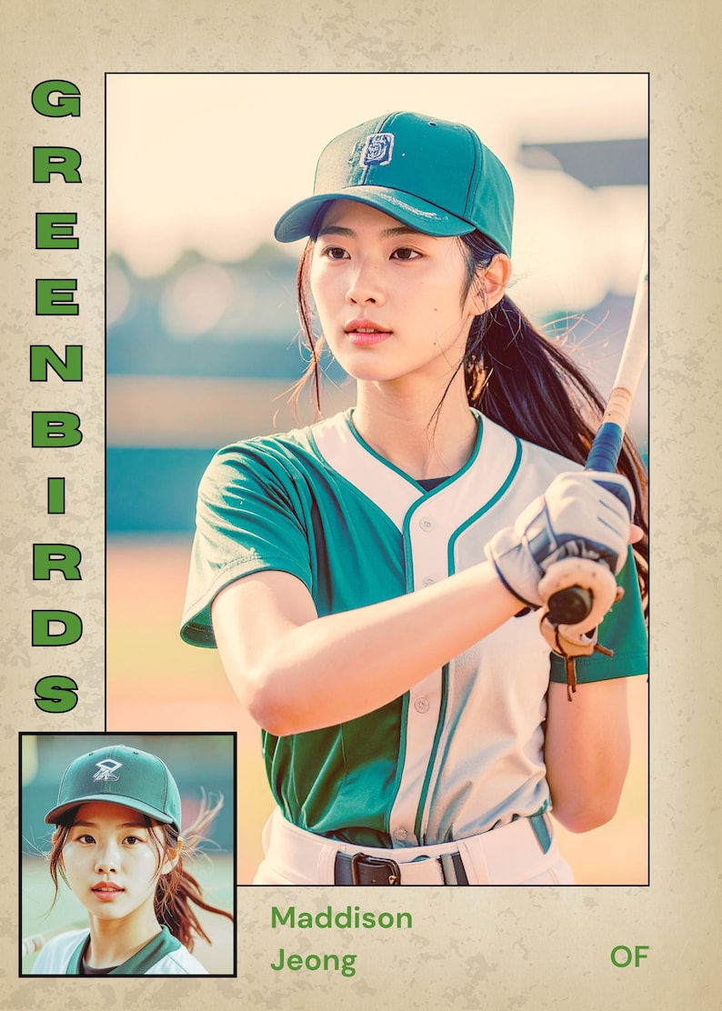 Puede incluir: Una jugadora de b&eacute;isbol con gorra y camiseta verde azulado, sosteniendo un bate. La imagen incluye el texto "GREENBIRDS" verticalmente a la izquierda y una foto m&aacute;s peque&ntilde;a. La jugadora lleva un uniforme verde azulado y blanco.