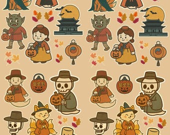 Paquete de pegatinas retro coreanas de Halloween • Fantasmas, linternas, hanboks, esqueletos, mandu y kimbap vintage PNG