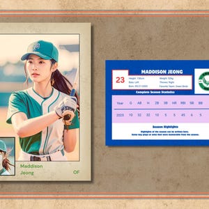 Puede incluir: Una tarjeta de b&eacute;isbol con Maddison Jeong de los Greenbirds. La tarjeta incluye una foto del jugador con uniforme de b&eacute;isbol, junto con estad&iacute;sticas y un logotipo del equipo. La tarjeta est&aacute; enmarcada con un borde decorativo.
