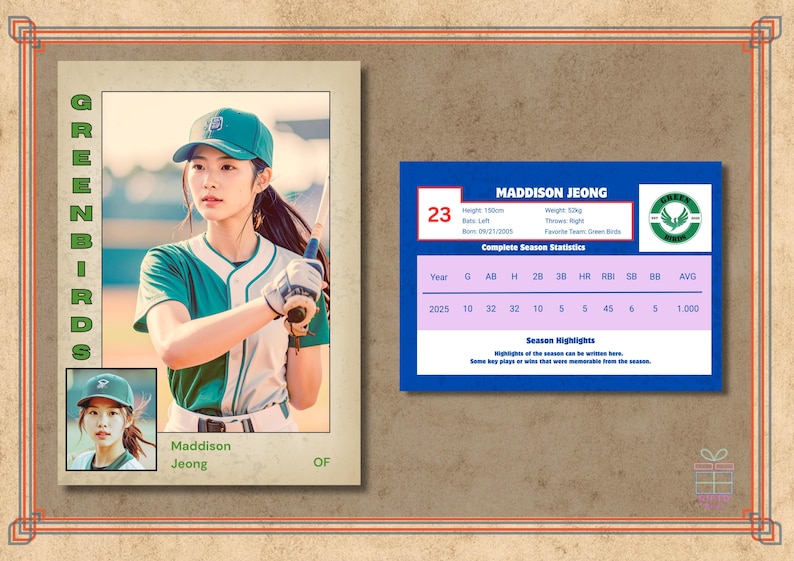 Puede incluir: Una tarjeta de b&eacute;isbol con Maddison Jeong de los Greenbirds. La tarjeta incluye una foto del jugador con uniforme de b&eacute;isbol, junto con estad&iacute;sticas y un logotipo del equipo. La tarjeta est&aacute; enmarcada con un borde decorativo.