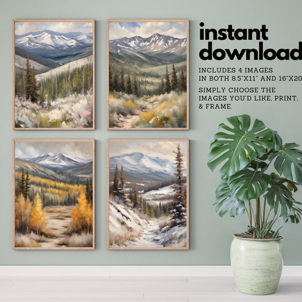 Seasonal Mountain Range Digital Wall Art DIY Prints, Neutral Gallery Wall Art for Forest Cabin, Tranquil Enchanted Forest Home Decor