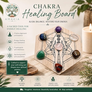 May include: A hexagonal wooden board featuring a black line drawing of a human figure with chakra symbols, surrounded by six polished gemstones including amethyst, lapis lazuli, clear quartz, rose quartz, green aventurine, and tiger's eye.
