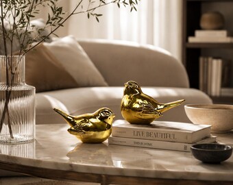 Juego de 2 esculturas de pájaros de bronce, figuras de pájaros modernas, decoración minimalista para el hogar, decoración escandinava para estantes, adorno para mesa de centro, regalo de inauguración de casa