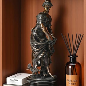 Vintage Bronze Sculpture: French Art Deco Woman with Chicks on Marble Base, Home Decor, Gifts